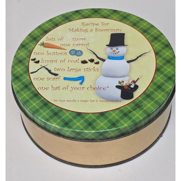 Snowman Recipe-Themed Decorative Metal Tin with Plaid Lid Homespun Medium Made I - Picture 1 of 6